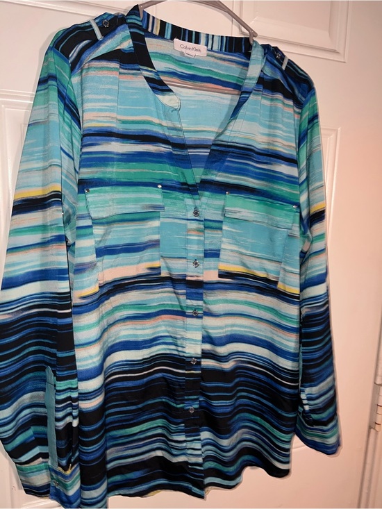Calvin Klein Tops - Calvin Klein Striped Button-Front Women's Shirt in Blue and Teal